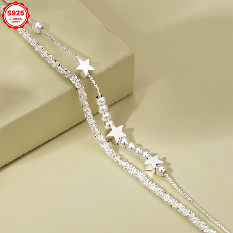 925 Silver Star & Bead Bracelet Low Allergy Anti Tarnish Valentine's Gift